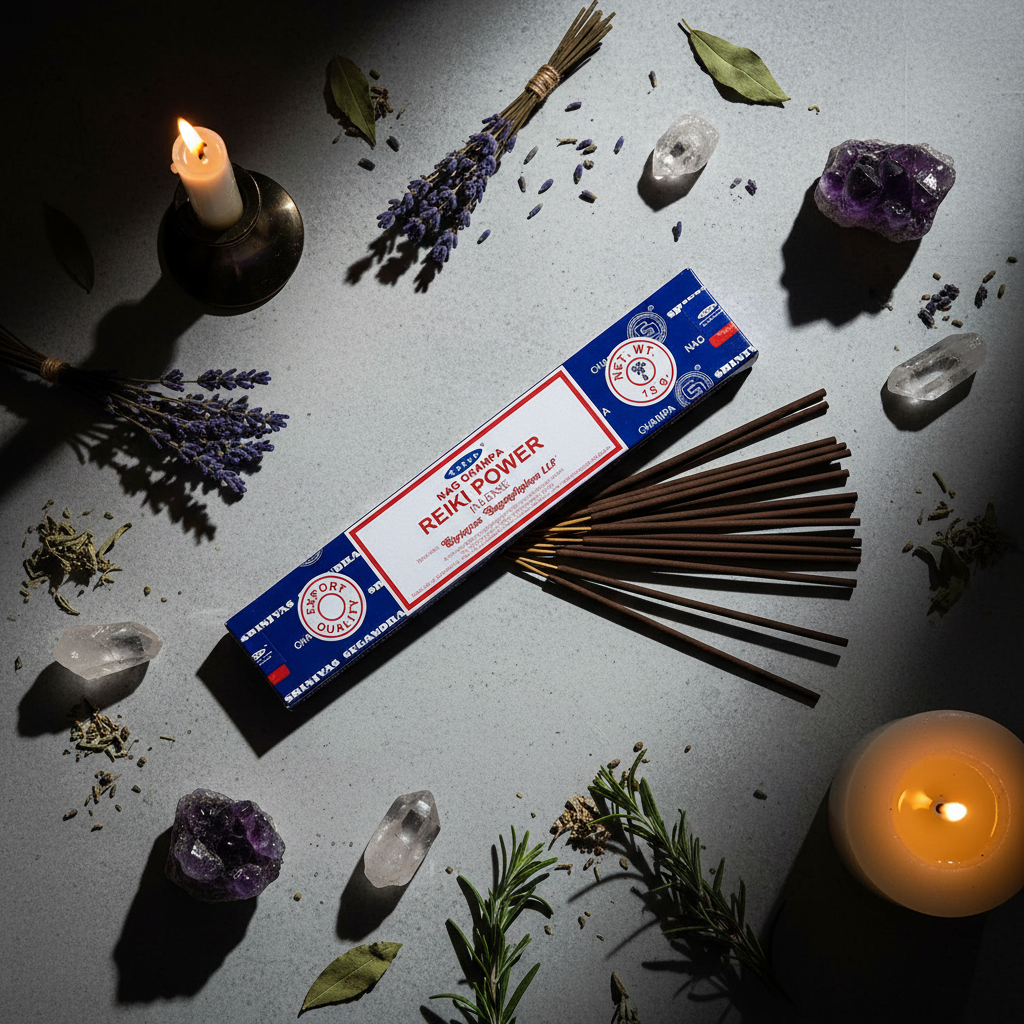 Reiki Power incense flat lay