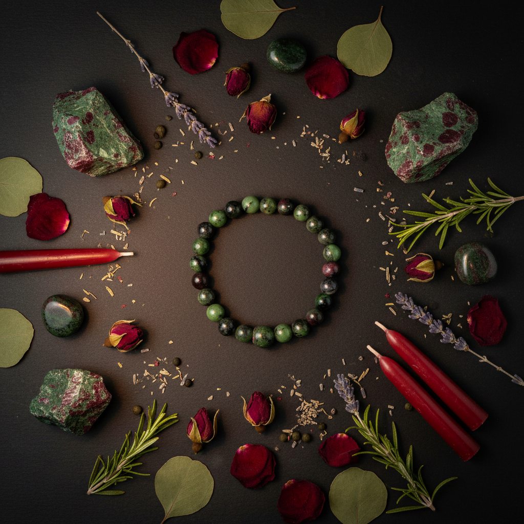 Ruby Zoisite bracelet flat lay with raw zoisite chunks, red rose petals, eucalyptus and candles on dark charcoal background