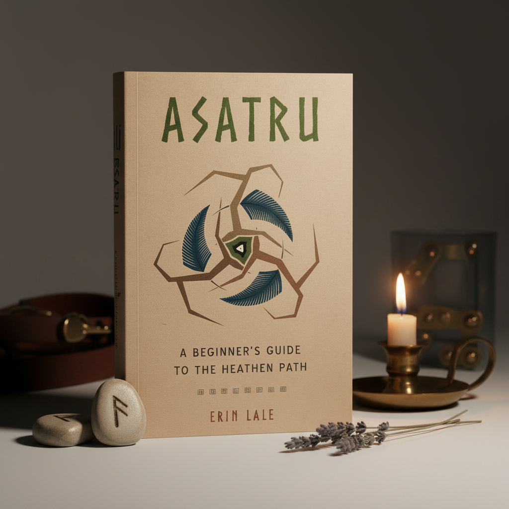 Asatru: A Beginner's Guide to the Heathen Path by Erin Lale on light grey background with rune stones and candle