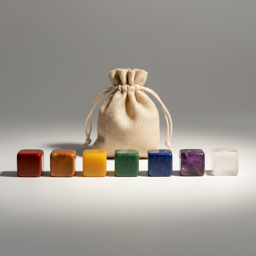 Exactly 7 chakra cube stones in rainbow colors arranged in a row in front of natural burlap drawstring pouch on light grey background