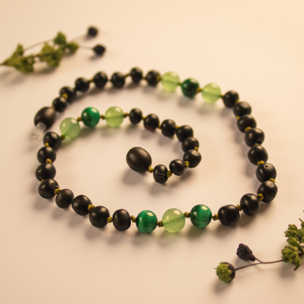 Raw molasses Baltic amber necklace with green aventurine and malachite beads draped in elegant loop on light grey background