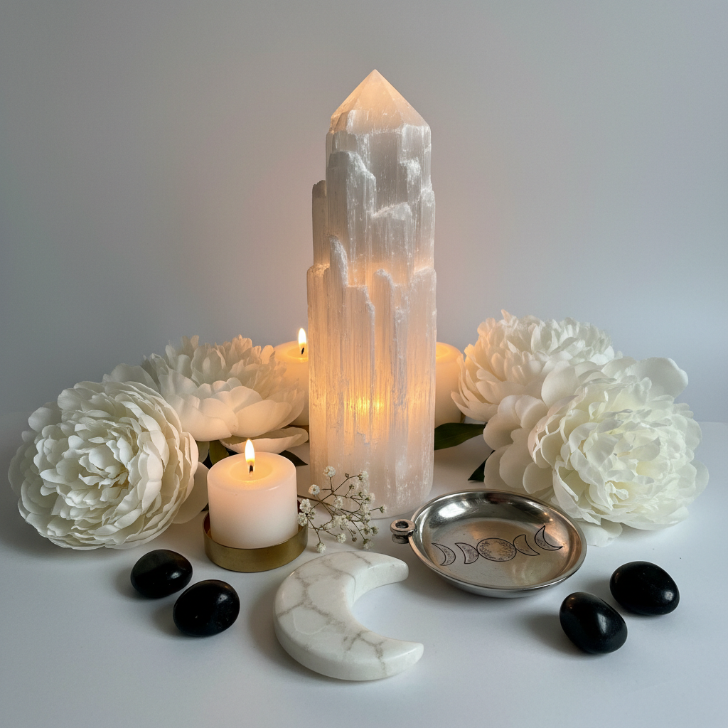 Selenite crystal tower in ritual lifestyle scene with candle and moon props