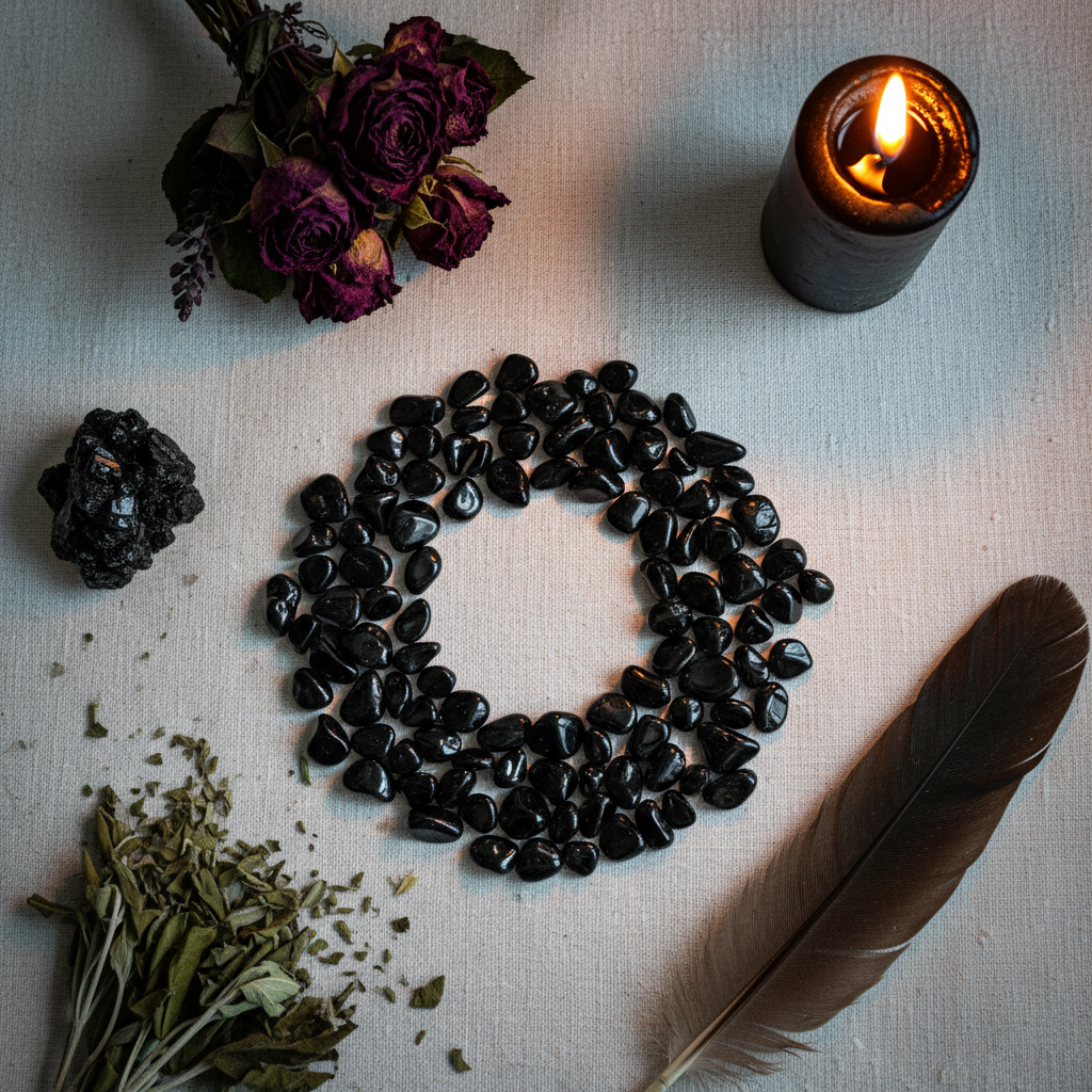 Black Onyx crystal chips flat lay