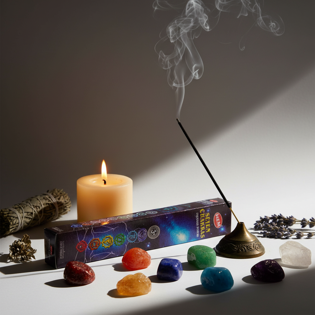 HEM Seven Chakras lit incense stick with smoke, chakra crystals and candle glow