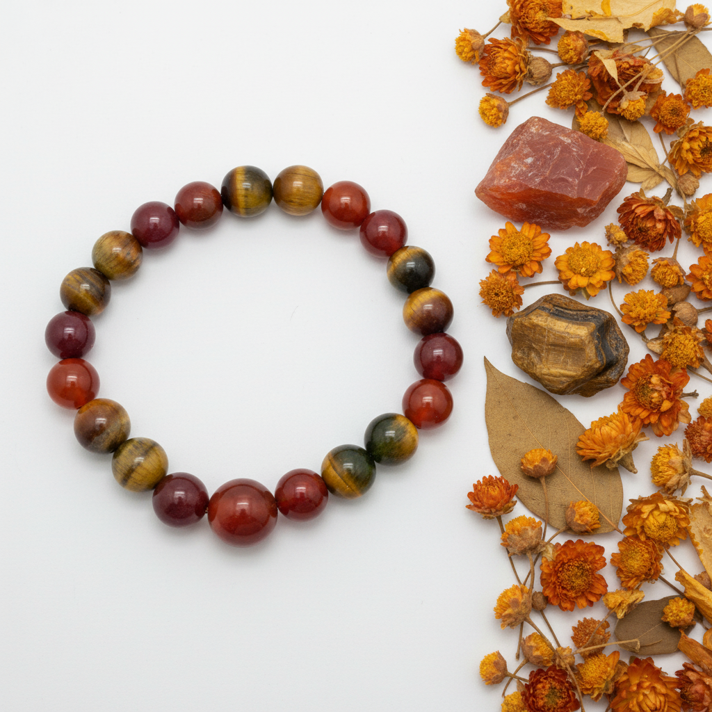 Carnelian and tiger eye bracelet flat in circle with alternating orange-red and golden-brown 10mm beads and raw stone props on light grey background