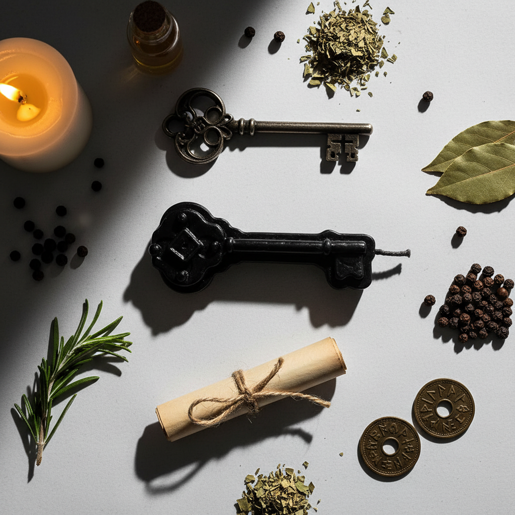 Flat lay of black key figure candle with skeleton key, herbs, petition paper, coins and oil bottle