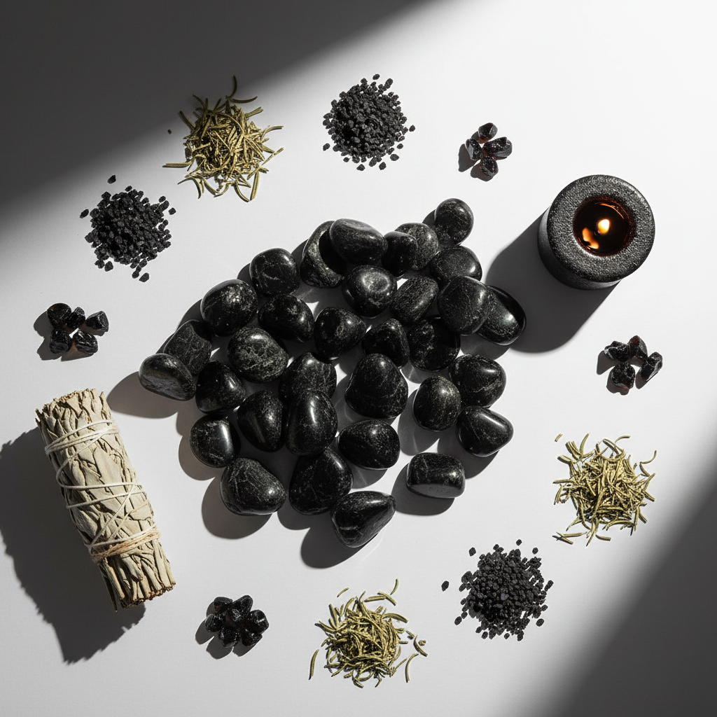 Flat lay of black tourmaline tumbled stones with sage, rosemary and candle props