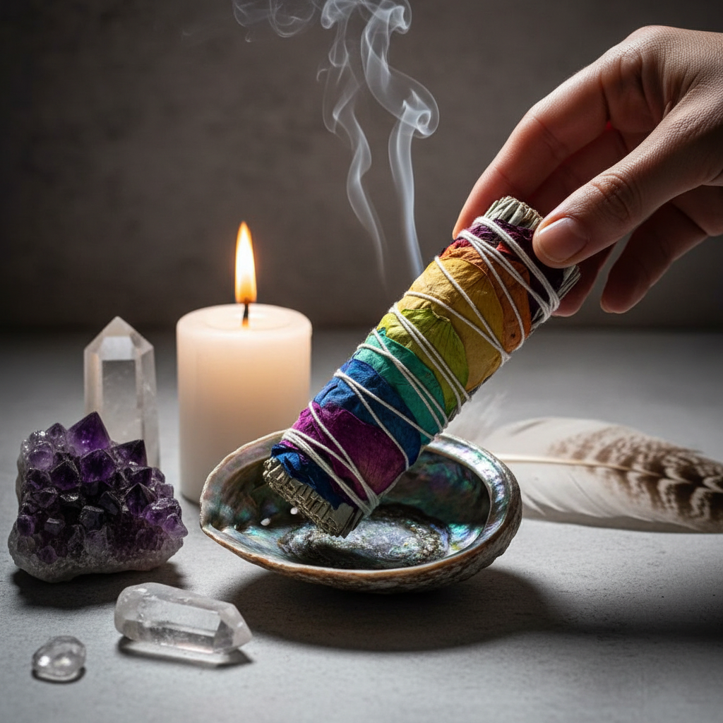 Single lit white sage rose petal smudge bundle with smoke and abalone shell