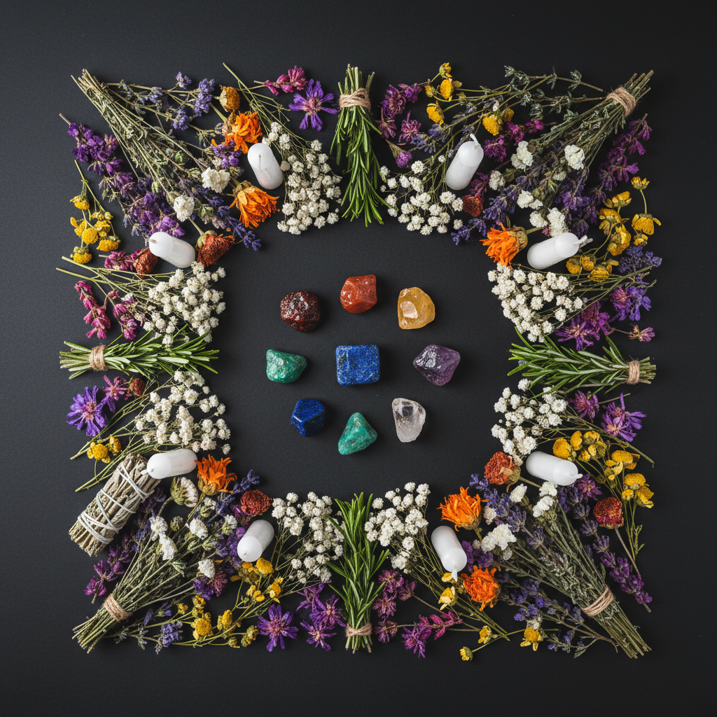 Flat lay with 7 chakra raw crystals, white flowers, colorful botanicals and white candles on dark charcoal background