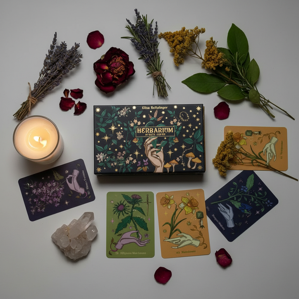Flat lay of Herbarium Oracle Cards box with spread cards, dried botanicals, crystal and candle