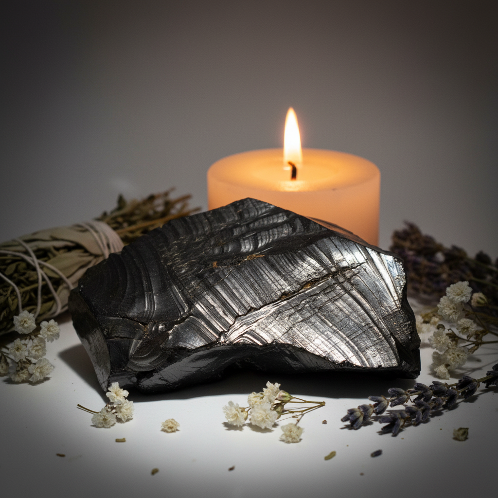 Single raw Shungite crystal with flowers, herbs and candlelight