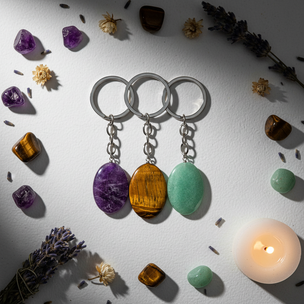 Flat lay of three crystal keychains with matching tumbled stones, dried flowers and candle