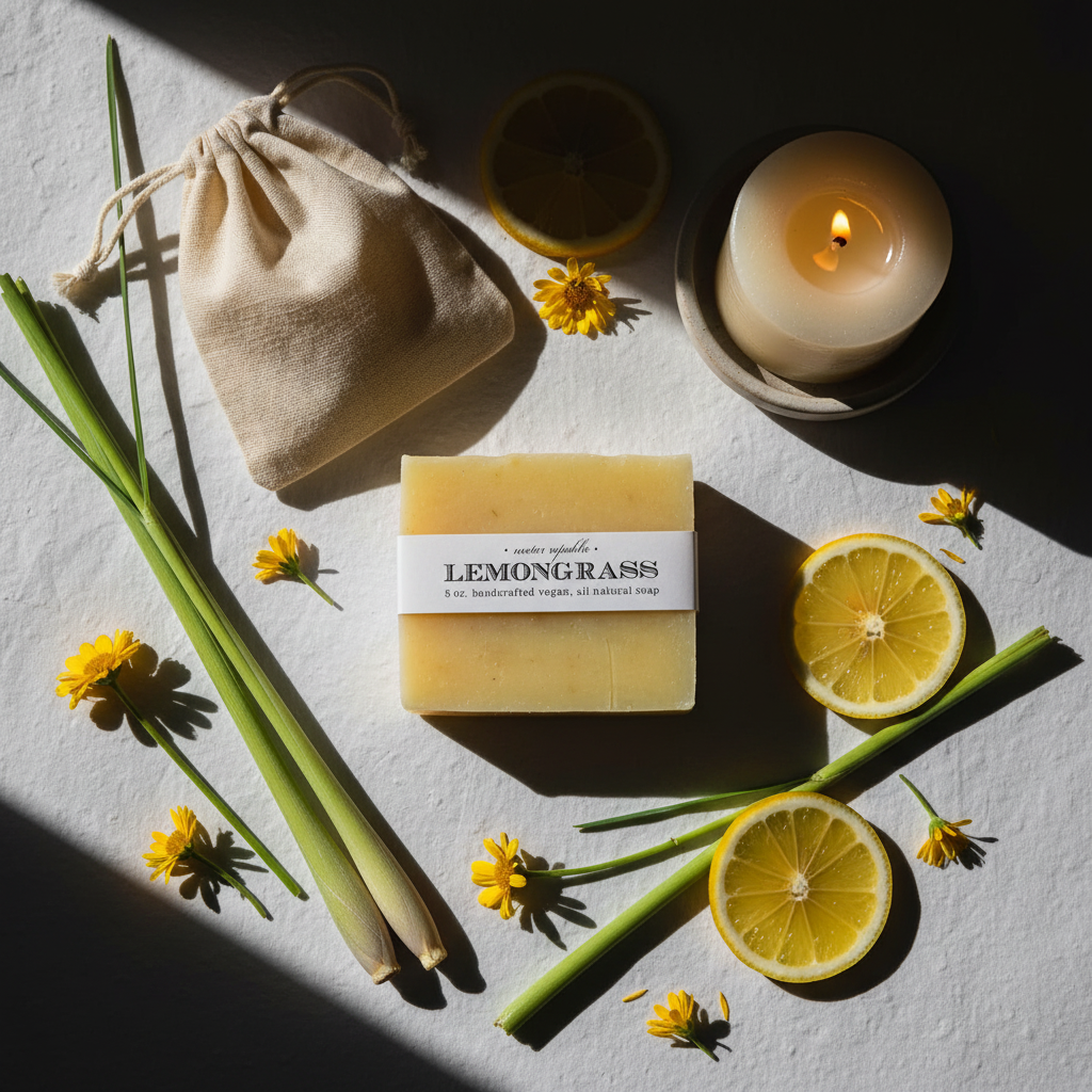 Nectar Republic Lemongrass soap flat lay with lemongrass, lemon slices, flowers and candle