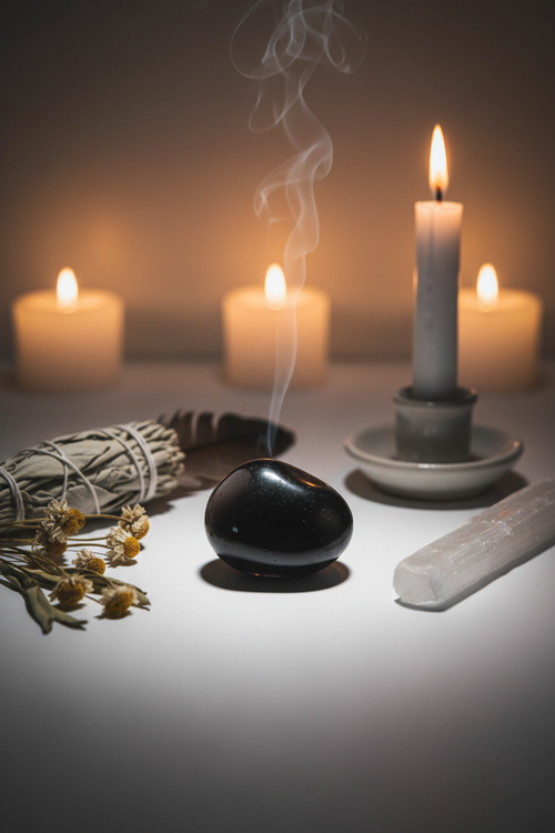 Apache Tear lifestyle shot with white flowers, feather, selenite and candlelight