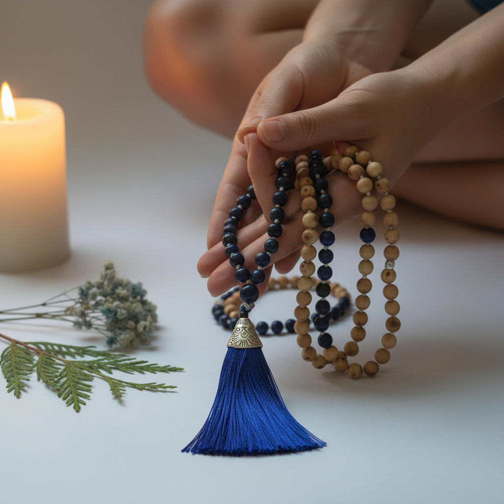 Hands in japa meditation holding cedarwood and lapis lazuli mala with royal blue tassel in warm candlelight