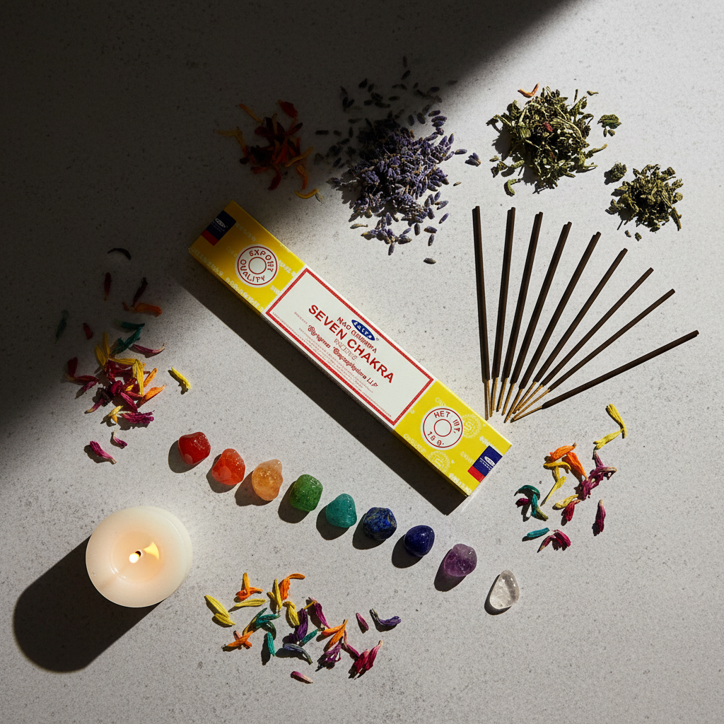 Flat lay of Satya Seven Chakra incense box and sticks with rainbow crystals and flower petals