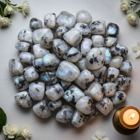 Cluster of rainbow moonstone tumbled stones with blue adularescence flash and white flower props