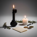 Black key figure candle standing upright with herbs, petition paper and candlelight on light grey background