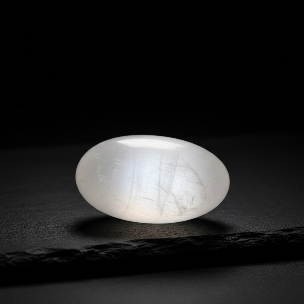 Selenite pillow stone with silky white pearlescent sheen on dark slate surface