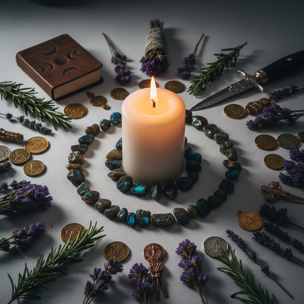 Labradorite crystal chips candle ritual shot
