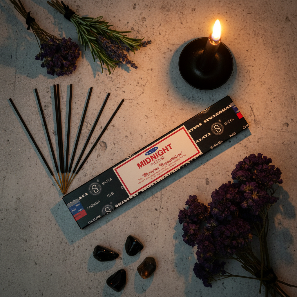 Midnight incense flat lay