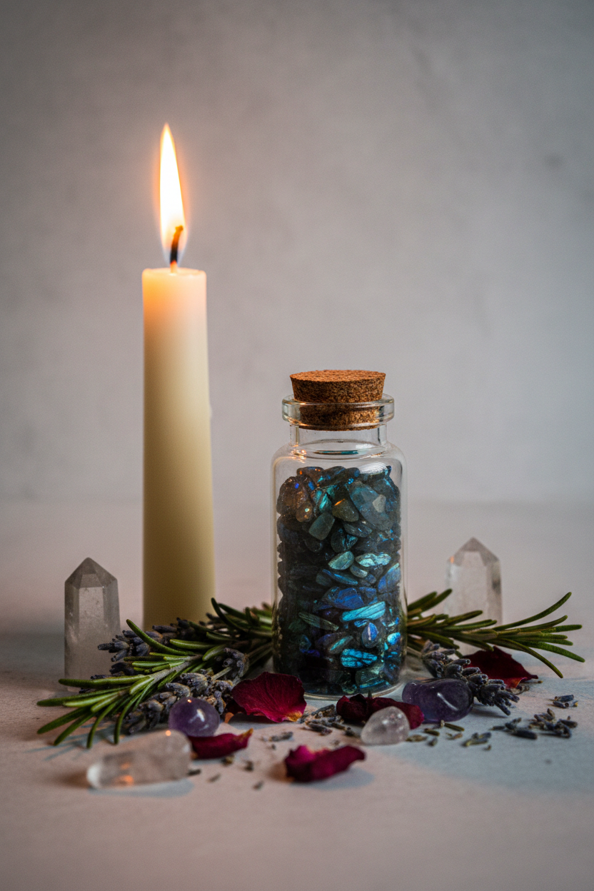 Labradorite crystal chips in spell bottle