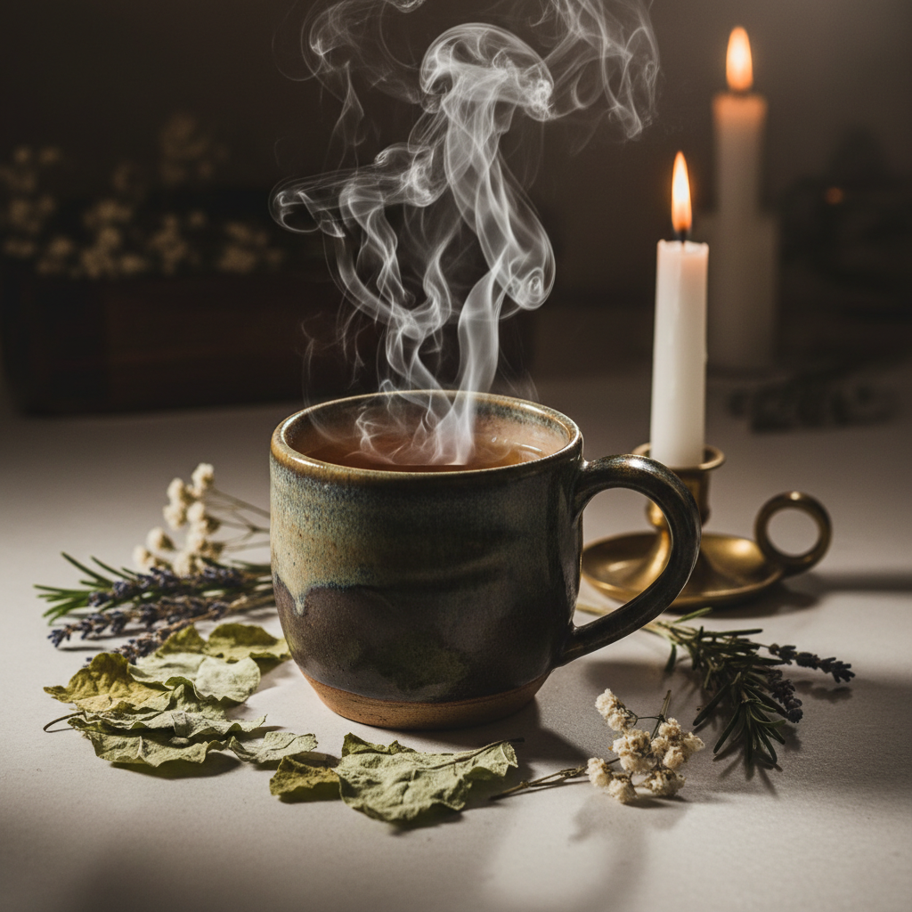 Steaming cup of mullein leaf herbal tea with dried herbs and candlelight