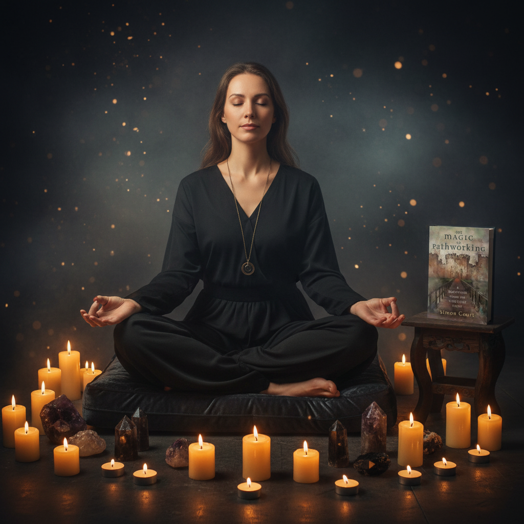 The Magic of Pathworking by Simon Court - dark luxe lifestyle meditation scene with candles and crystals