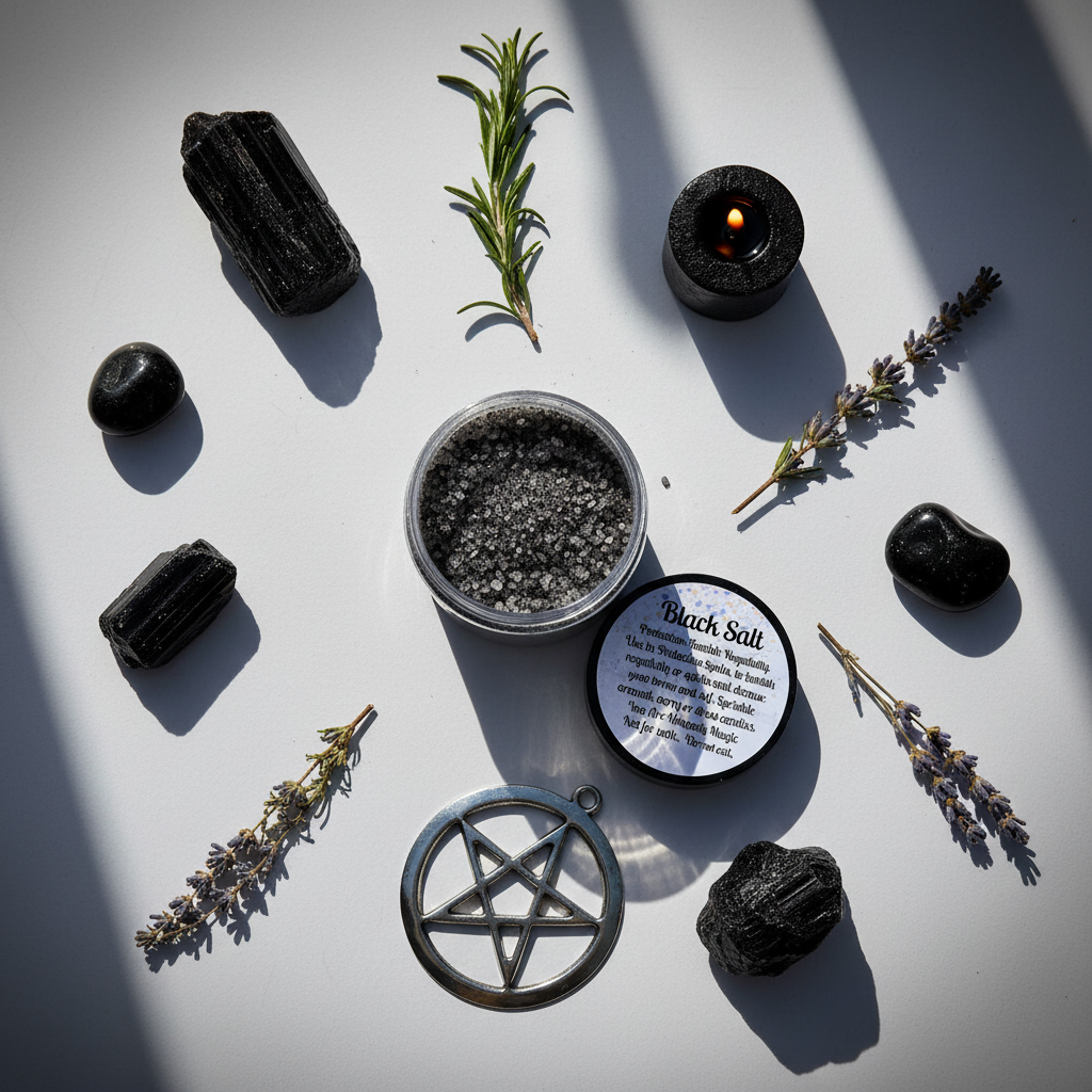 Black Witches Salt flat lay - top-down with salt, obsidian, herbs and pentacle