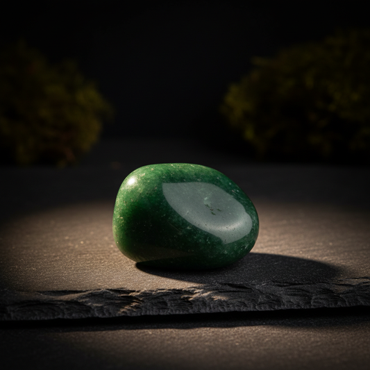 Polished Jade crystal with rich deep green color on dark slate surface