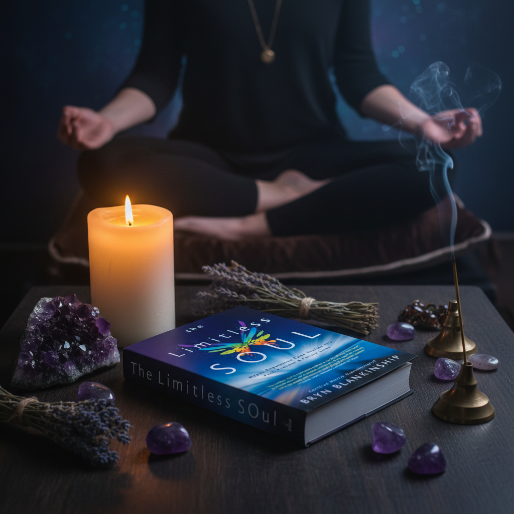 The Limitless Soul by Bryn Blankinship - dark luxe lifestyle shot with crystals and candlelight