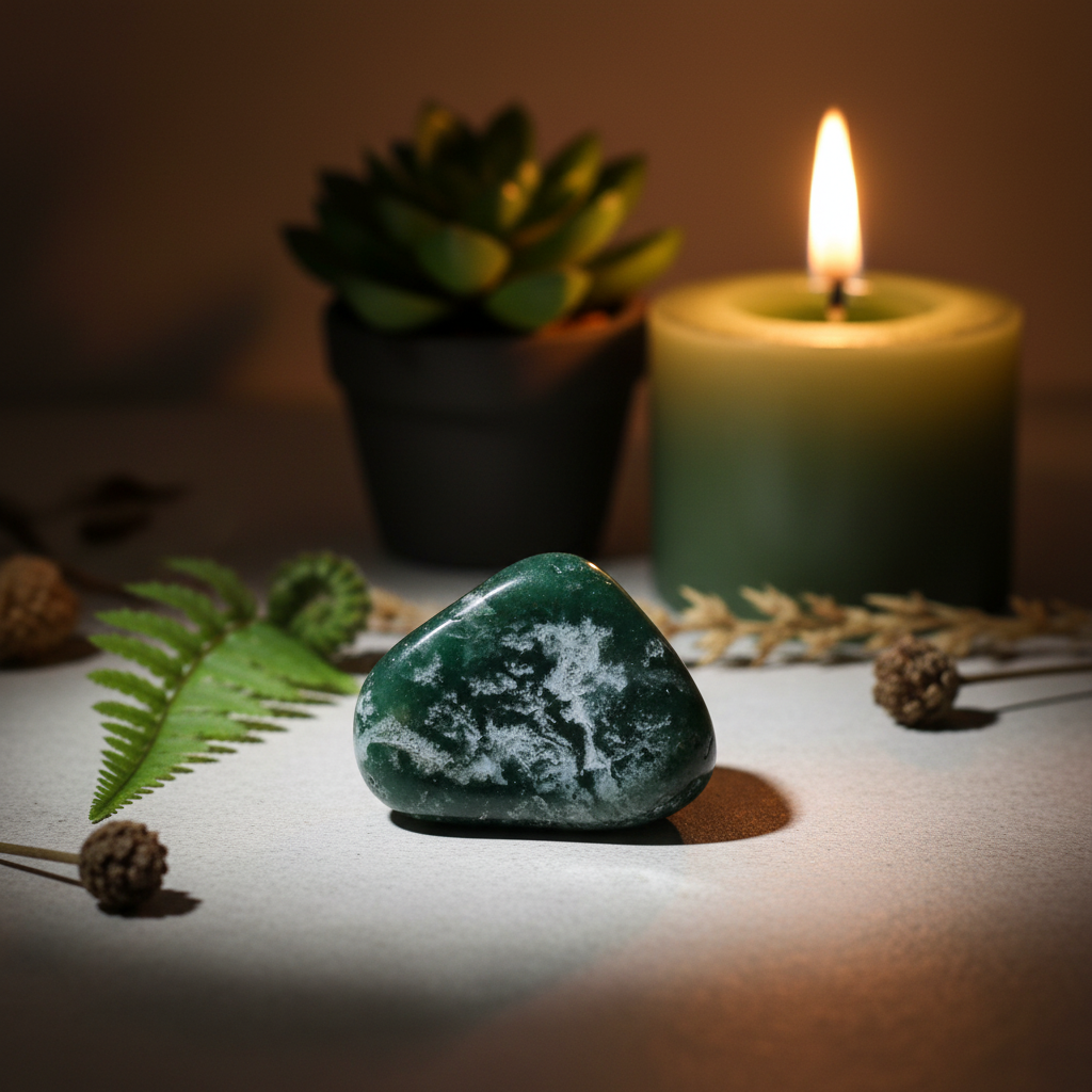 Single moss agate tumbled stone with fern frond, dried botanicals and candle in warm candlelight