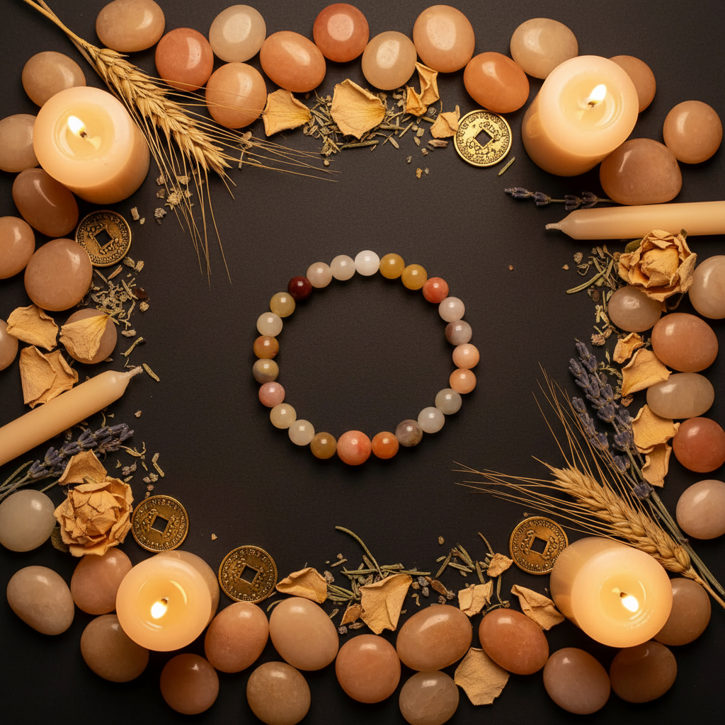 Rainbow jade beaded bracelet flat lay with jade stones, peach petals, gold coins and candles on dark charcoal background