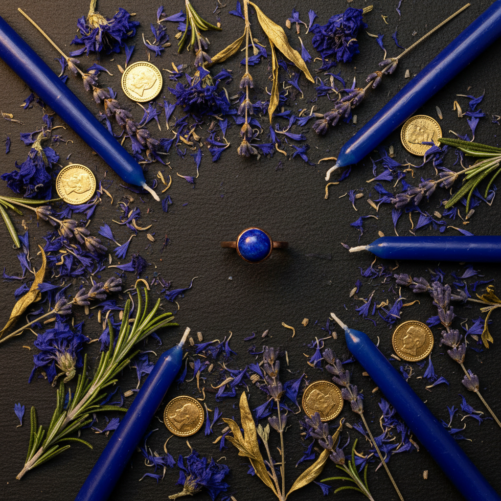 Lapis lazuli rose gold ring flat lay with deep blue petals, gold botanicals and navy candles on dark charcoal background