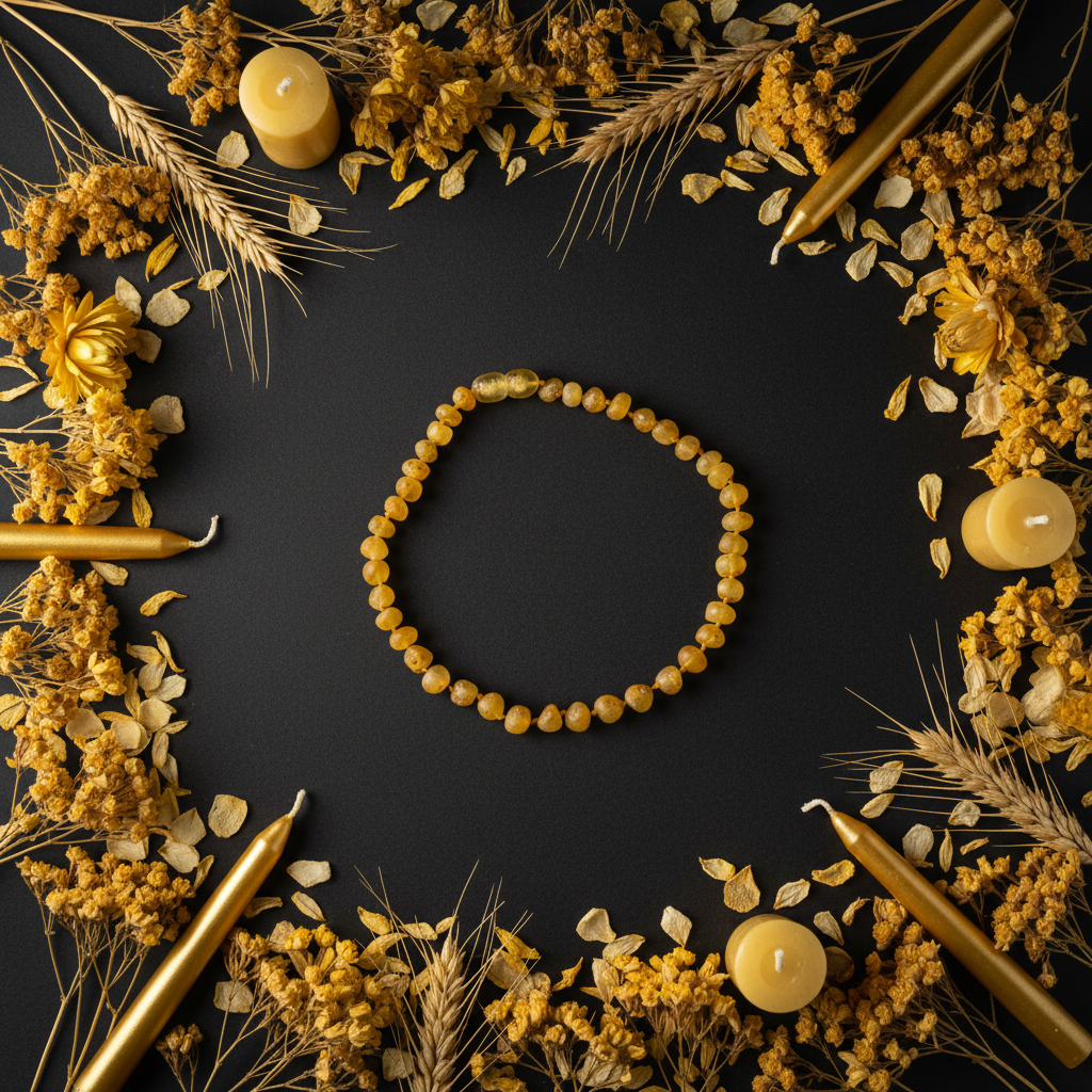 Raw gold Baltic amber necklace flat lay with golden wheat, yellow botanicals and golden candles on dark charcoal background