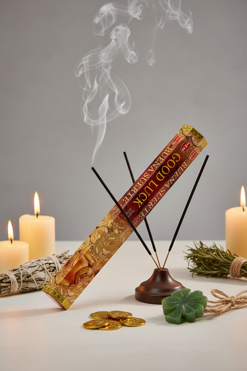 HEM Good Luck incense lifestyle shot with burning sticks, smoke and lucky props