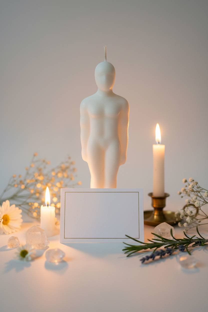 White man figure candle hero shot with prayer card