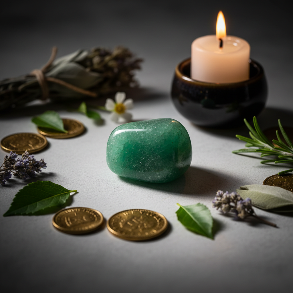 Single green aventurine tumbled stone with gold coins, green leaves and candle props