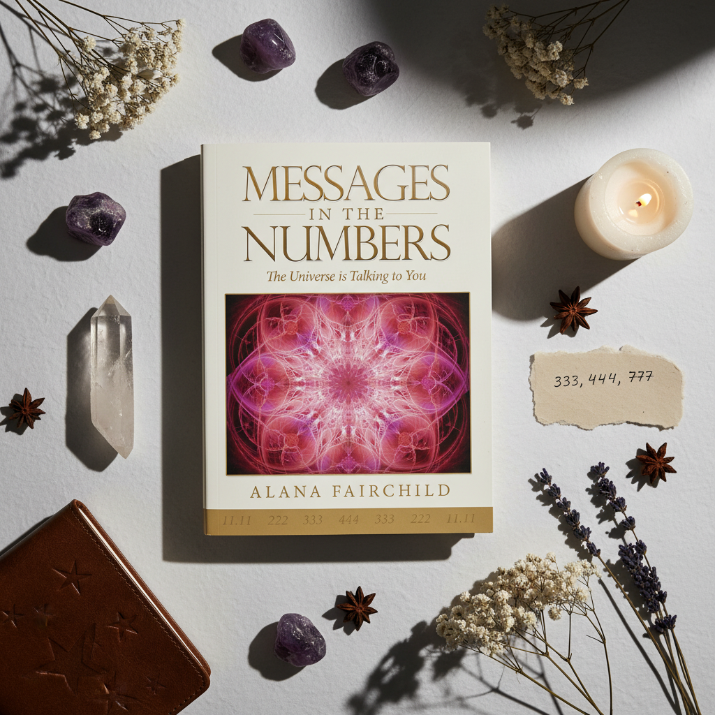 Flat lay of Messages in the Numbers book with amethyst, clear quartz, angel numbers, white flowers and candle on light grey background