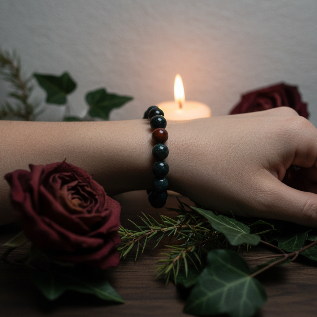 Bloodstone beaded bracelet worn on wrist showing deep green black beads with red jasper inclusions in moody candlelight