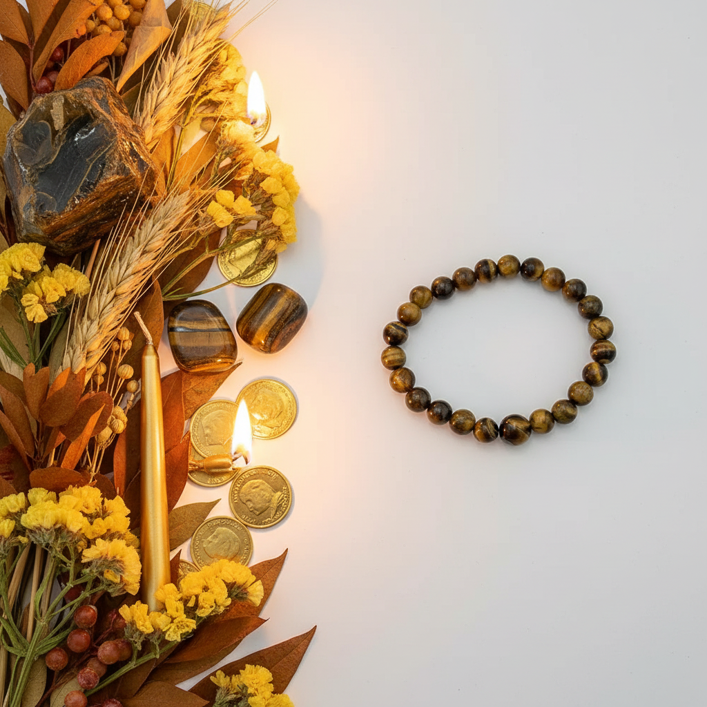 Tiger's Eye 8mm beaded stretch bracelet with tiger's eye stones, golden wheat, amber florals and gold coins on light grey background