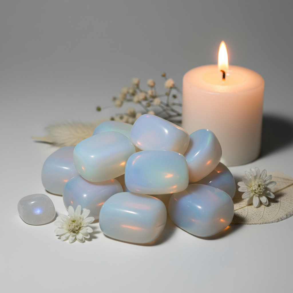 Cluster of opalite tumbled stones showing milky white to soft blue iridescent shimmer with white flowers and candle on light grey background