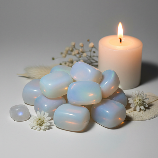 Cluster of opalite tumbled stones showing milky white to soft blue iridescent shimmer with white flowers and candle on light grey background