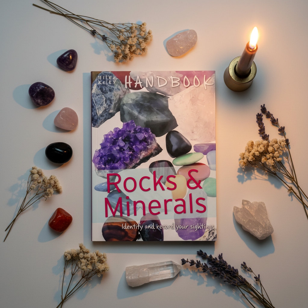 Rocks & Minerals Handbook flat lay with crystal props