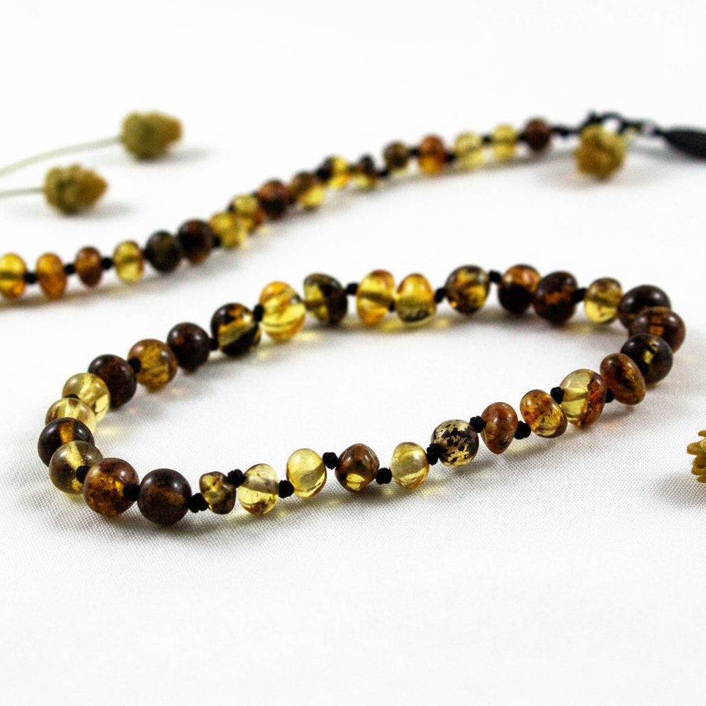 Polished olive mix Baltic amber necklace with alternating lemon-yellow and dark molasses-olive beads draped in elegant loop on light grey background