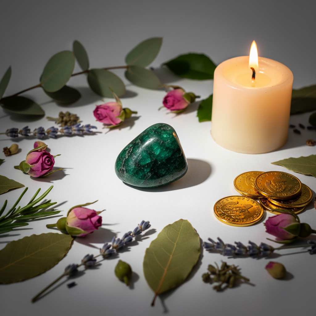 Single emerald tumbled stone with pink rose buds, gold coins and candle props