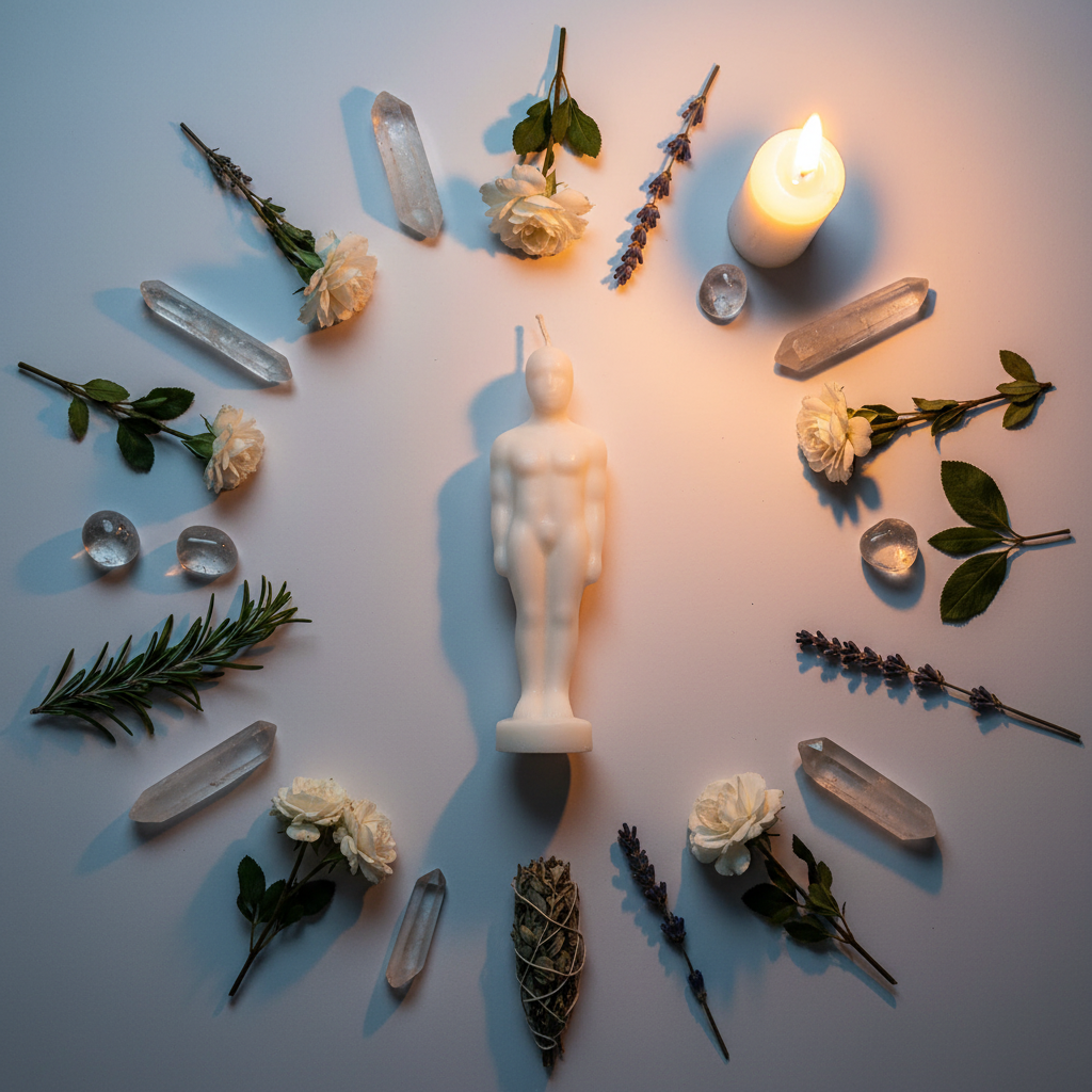 White man figure candle flat lay