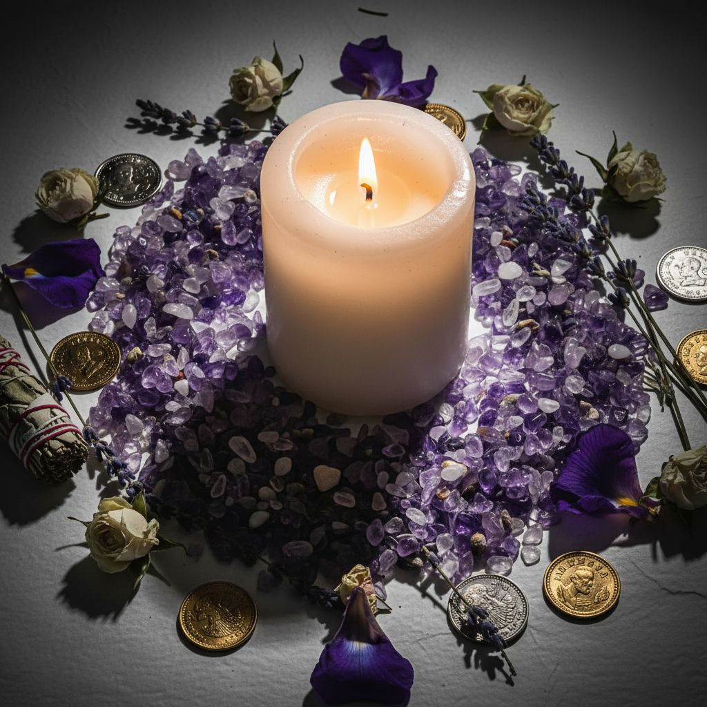 Amethyst crystal chips arranged in a circle around a lit pillar candle with flowers and herbs