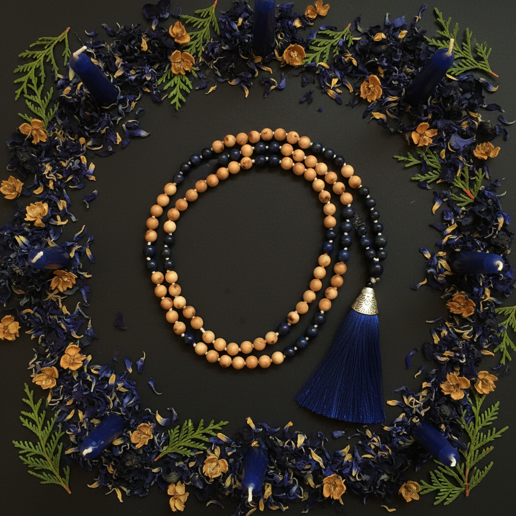 Cedarwood and lapis lazuli mala in circle with blue petals, cedar sprigs and navy candles on dark charcoal background