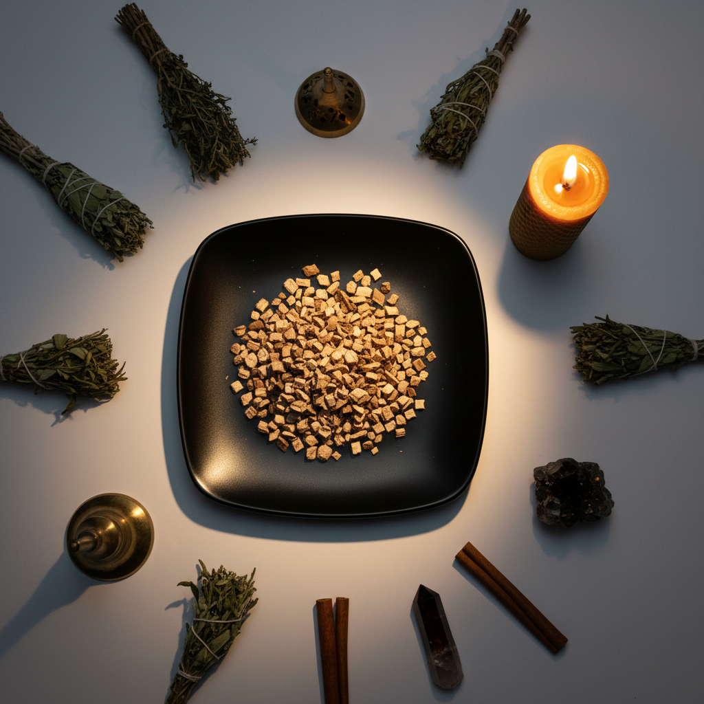 Burdock root cut and sifted flat lay top down with props